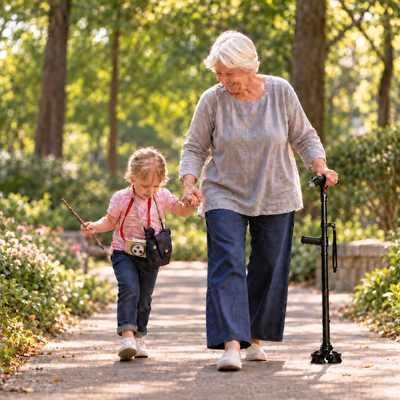 Senior woman walking with her granddaughter using the Relivic Onward Cane.