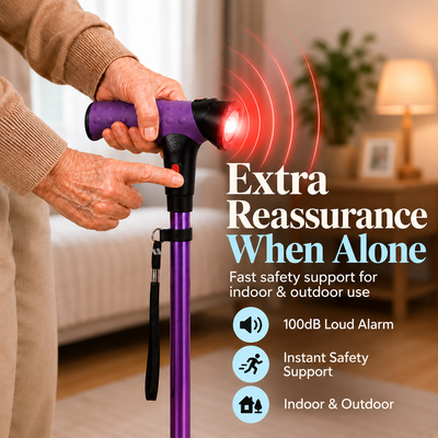 Close-up of Relivic Onward Cane with built-in LED light and safety alarm.