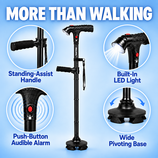 Relivic Onward Cane featuring standing-assist handle, LED light, alarm and pivoting base.