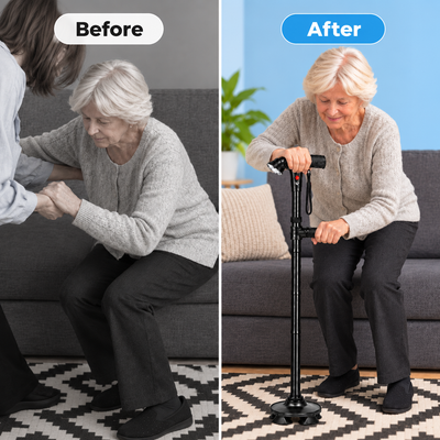 Before and after comparison of a senior woman standing up with the Relivic Onward Cane.