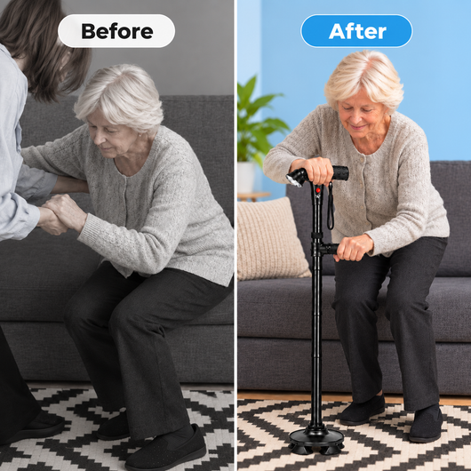 Before and after comparison of a senior woman standing up with the Relivic Onward Cane.